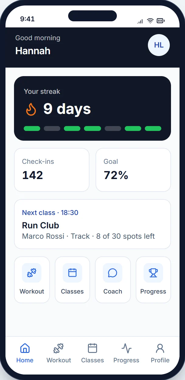 FORGE member mobile app showing the home dashboard with streak and next class