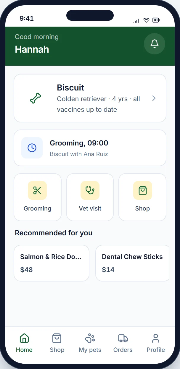 PAWSOME customer app showing a pet profile and upcoming grooming visit