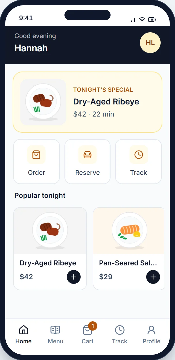 TableFlow guest mobile app showing the restaurant menu